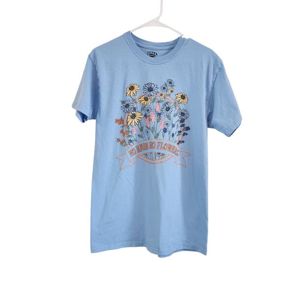 Call Your Mother Positive Message Rain & Flowers Graphic T-Shirt  Blue Size M - Picture 1 of 4